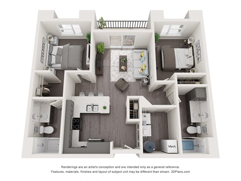 a 1 bedroom floorplan is shown in this rendering
